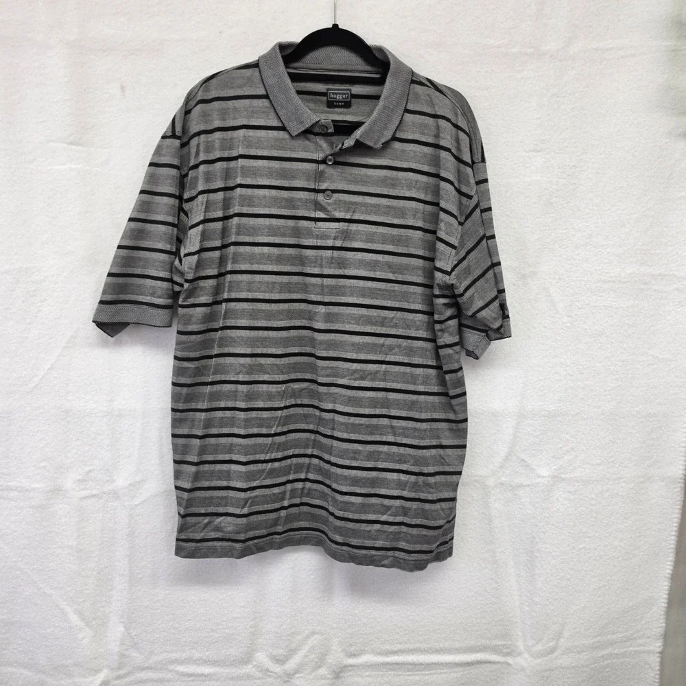 L‎ Haggar Tour Mens Large Grey Black Striped Mercerized Cotton Polo Short Slv